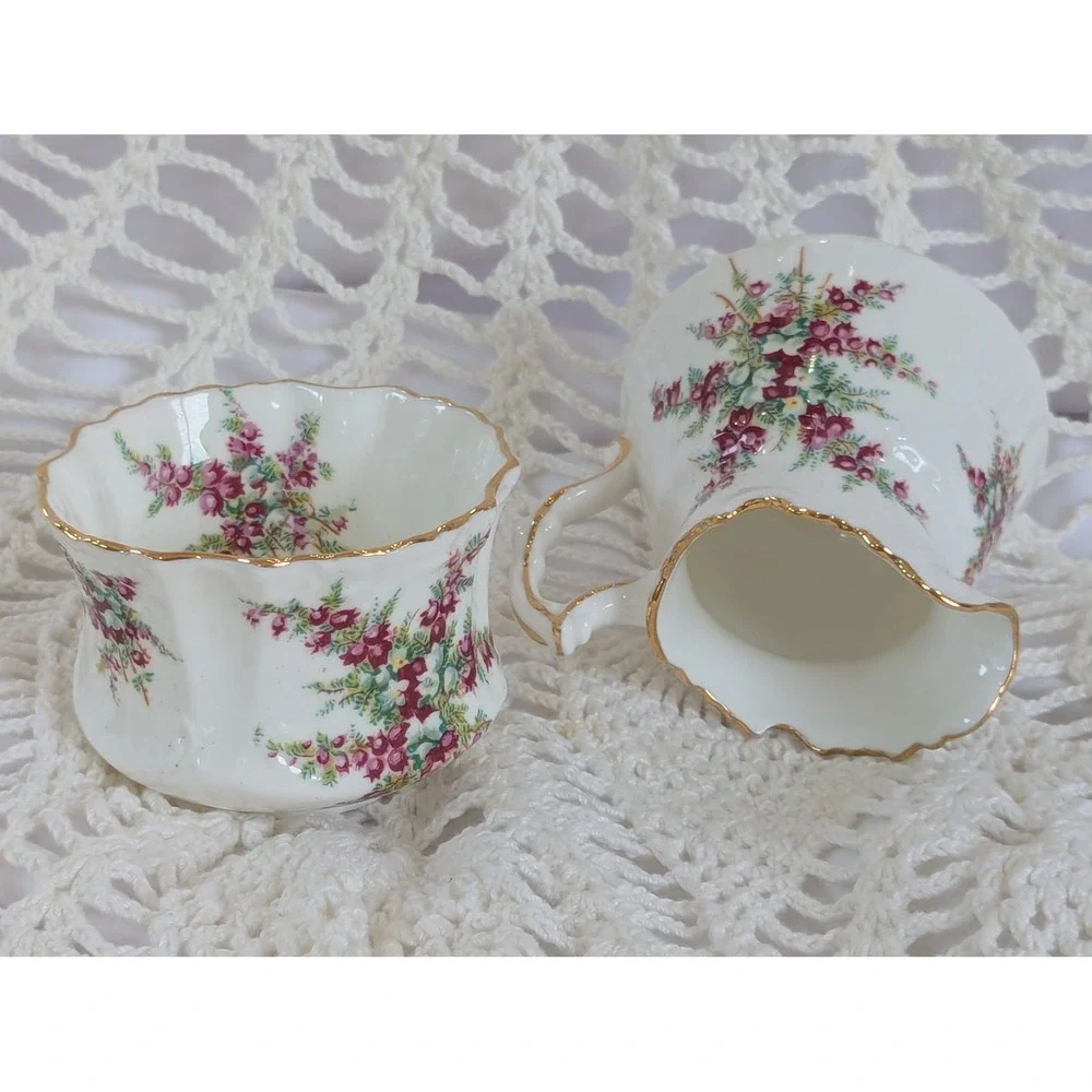 Hammersley China Cream and Sugar Set Pink Heather Gold Trim 4060 Made in England